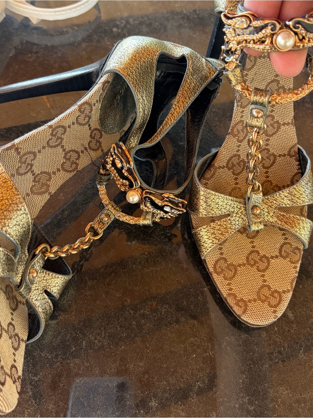 Gucci Gold Metallic GG Bow High Heel Sandals